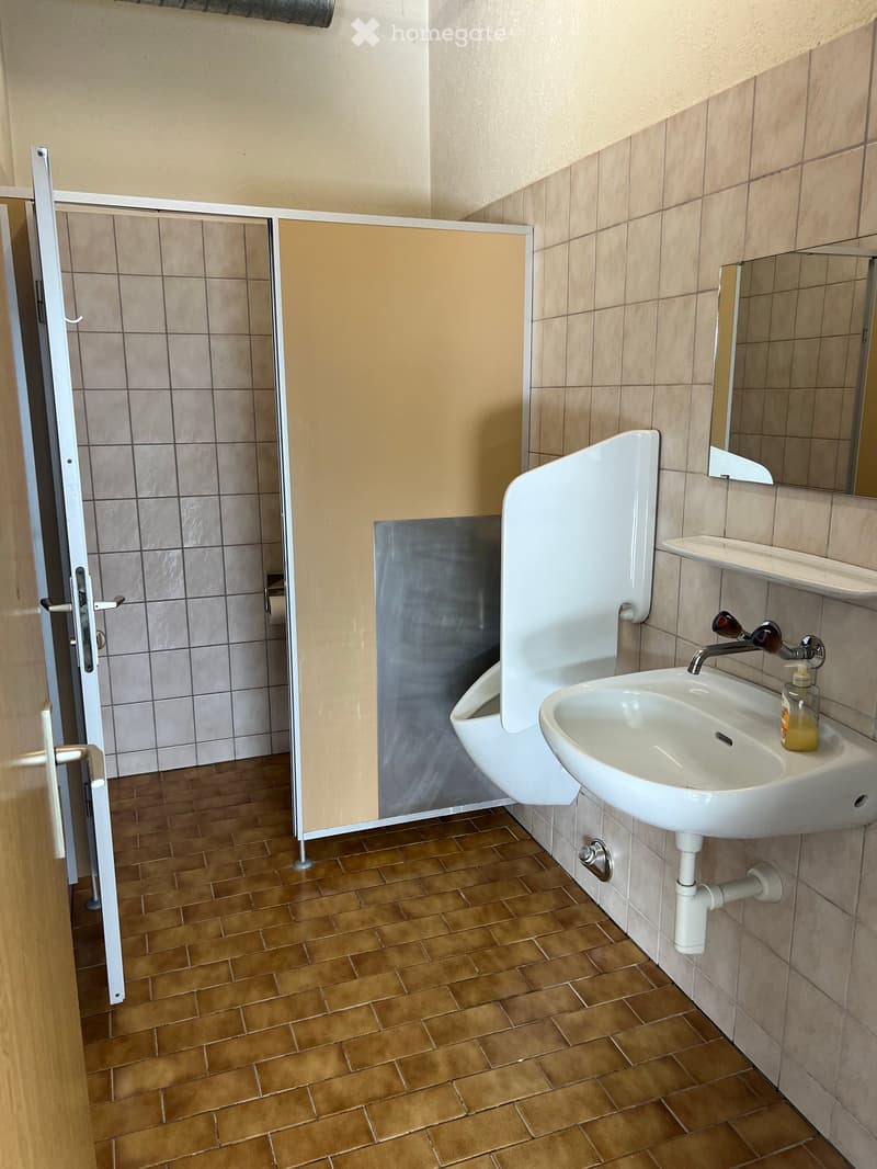 Bathroom with tiled walls, wooden floor, white sink, mirror, toilet, and shower stall.