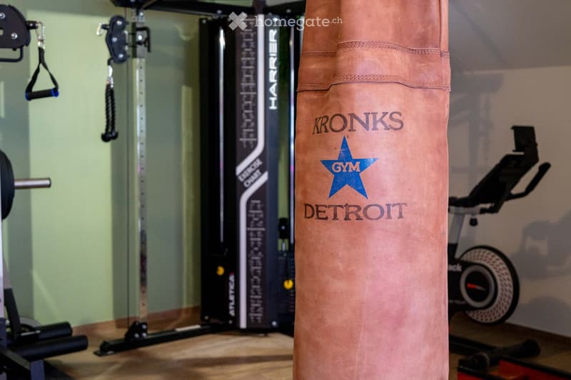 A gym setting with a punching bag labeled "KRONKS GYM DETROIT" and various exercise equipment including a weight machine and an exercise bike.