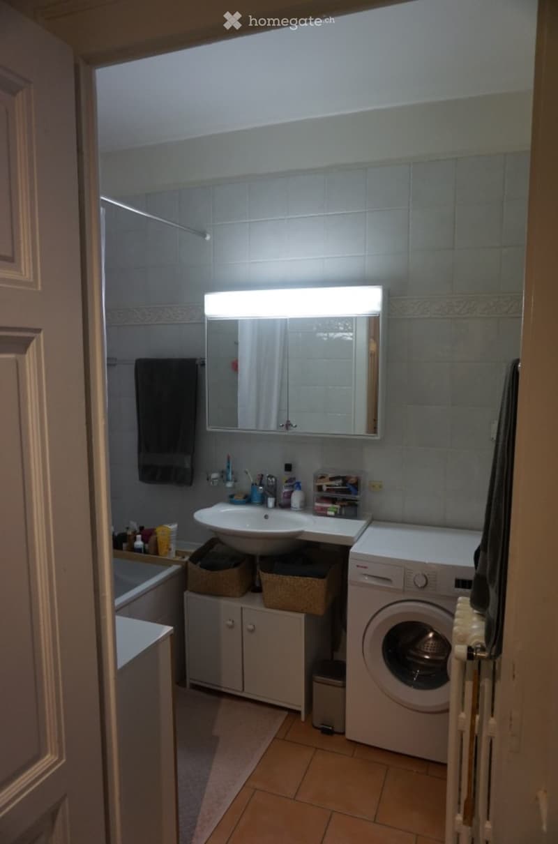 Bathroom with a sink, mirror, washing machine, and a small cabinet. The room features tiled walls, a wooden floor, and a towel hanging on the wall.