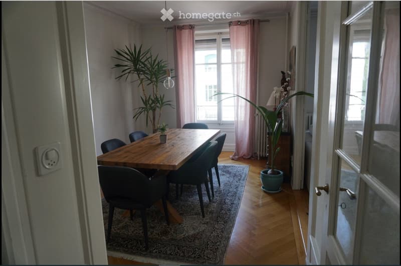 Dining area with a wooden dining table surrounded by dark chairs, a patterned rug, and potted plants near the window.