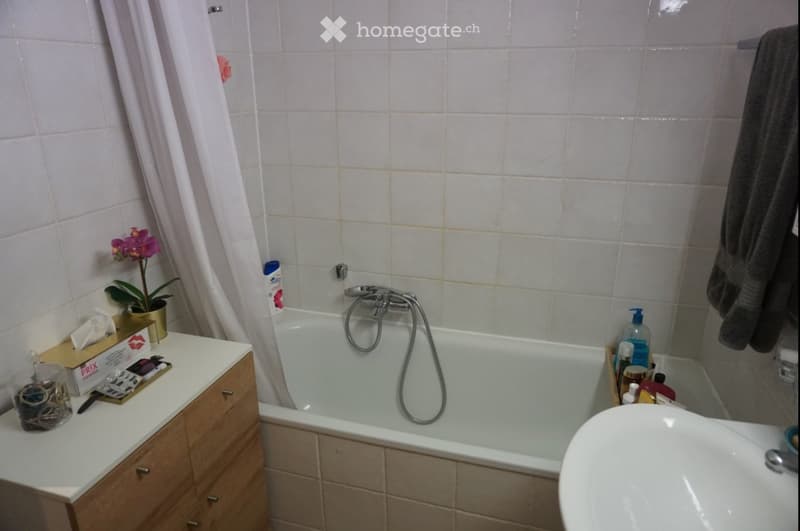 Bathroom with a bathtub, sink, and wooden cabinet. A towel hangs on the side, and a small plant with purple flowers sits on the counter.