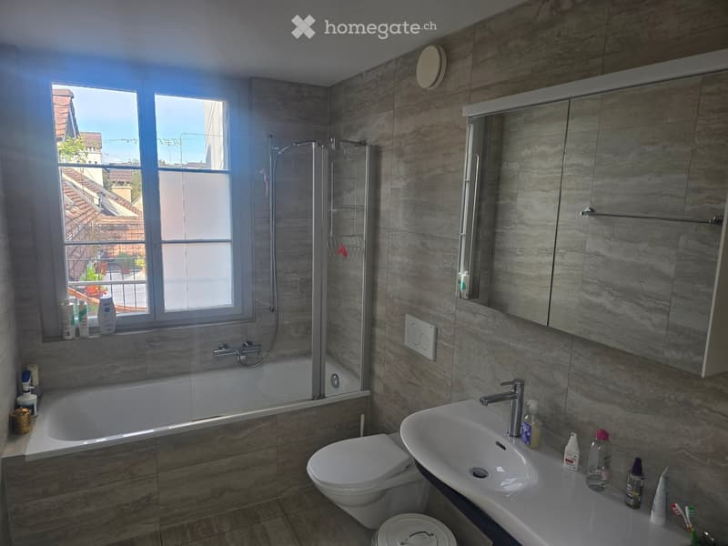Modern bathroom with marble tiles, a bathtub, toilet, sink, mirror, and various toiletries on the windowsill and countertop.