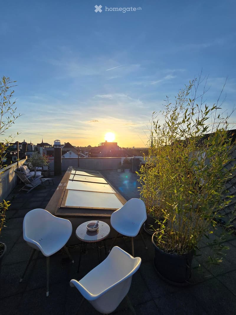 A rooftop terrace with a small seating area featuring white chairs and a round table, surrounded by potted plants and a view of the city at sunset.