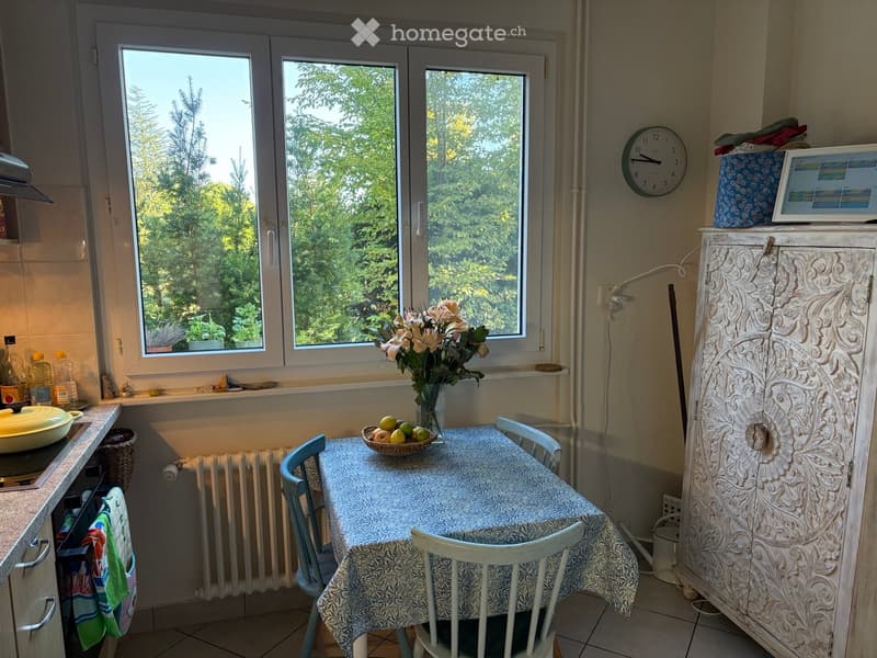 Bright kitchen with large windows overlooking greenery, a dining table with chairs, a decorative cabinet, and various kitchen items on the counter.
