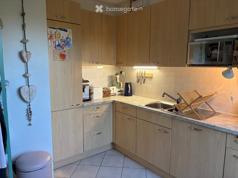 Modern kitchen with light wooden cabinets, granite countertop, stainless steel sink, microwave, blender, toaster, and a dish rack.