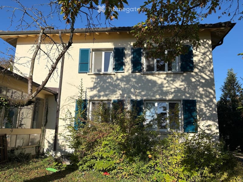 Two-story house with light yellow siding, blue shutters, multiple windows, and a well-maintained garden in front.
