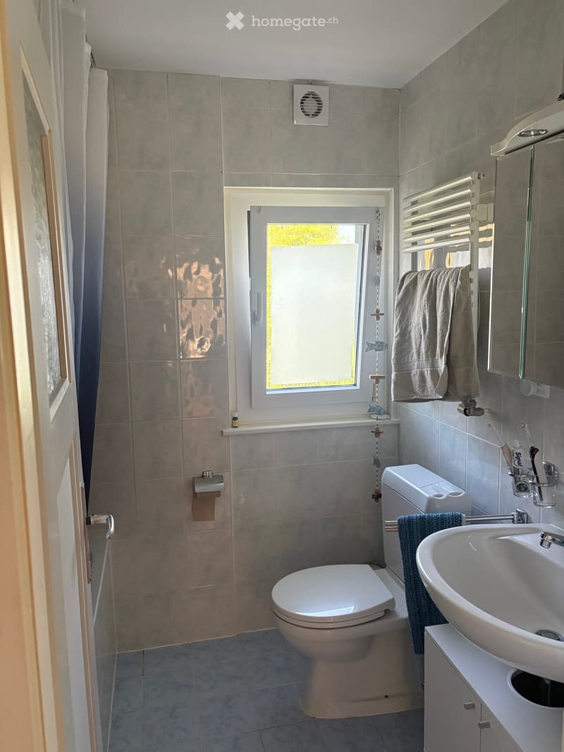 Modern bathroom with a toilet, sink, mirror, and towel. Features a window with a decorative hanging ornament and a towel rack with towels.