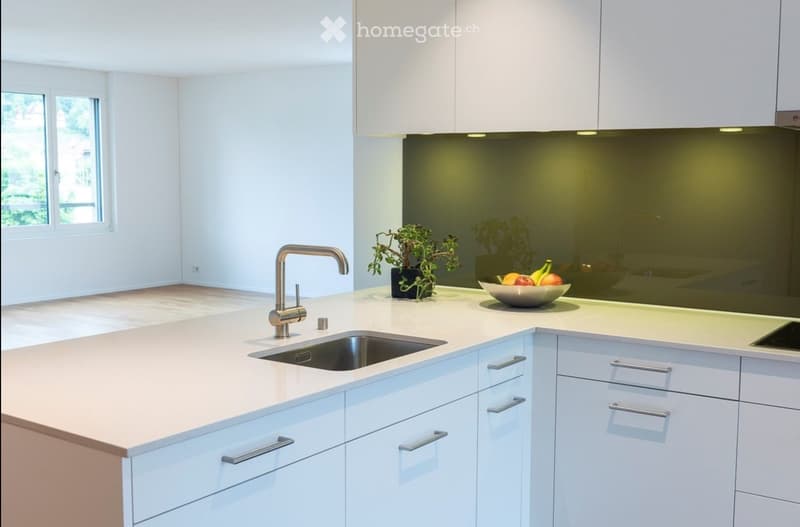 Modern kitchen with white cabinets, light countertops, and a stainless steel sink. A bowl of fruit and a small potted plant are placed on the counter.