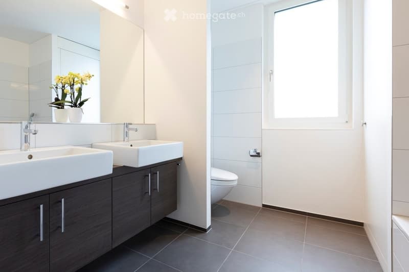 Modern bathroom with two white sinks, dark wooden cabinet, large mirror, and a toilet. The room features a large window and decorative flowers on the counter.
