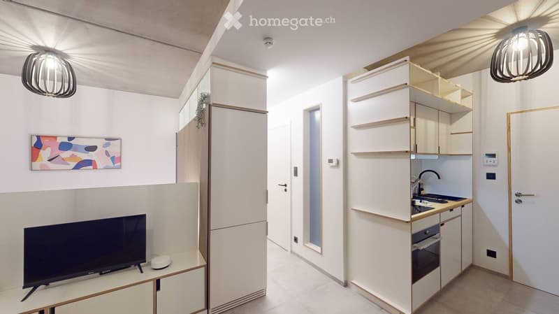Modern, compact living space with a TV on a stand, a small kitchen area with cabinets, sink, and oven, and a refrigerator. The room features sleek, white cabinetry, a colorful abstract painting, and contemporary lighting fixtures.