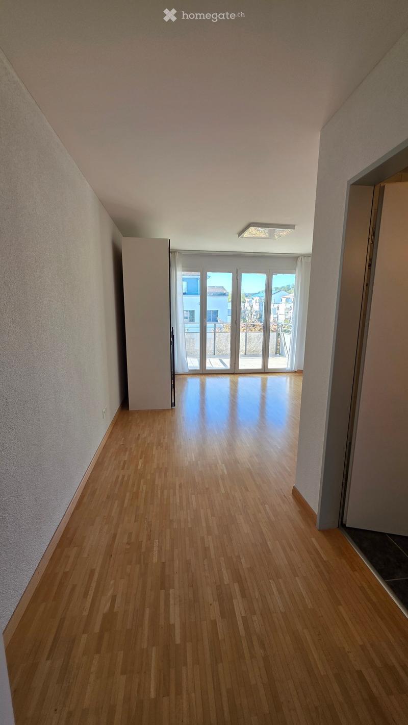 Empty hallway with wooden flooring, white walls, and a large glass door leading to a balcony or outdoor area.