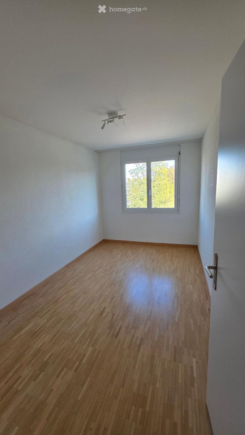 Empty room with wooden flooring, white walls, and a large window with a view of trees. A ceiling light fixture is visible.