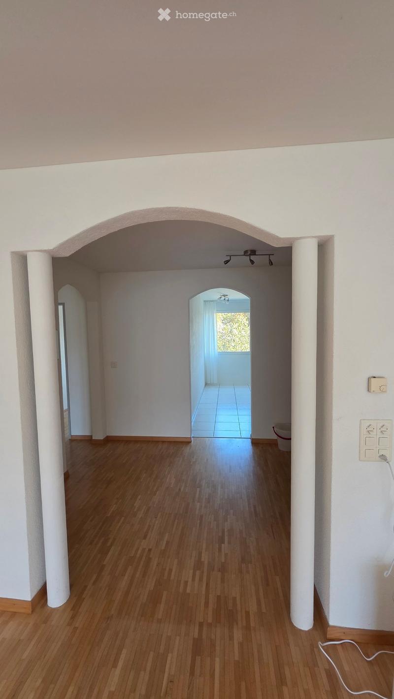 Empty hallway with wooden flooring, white walls, and arched doorways leading to other rooms.