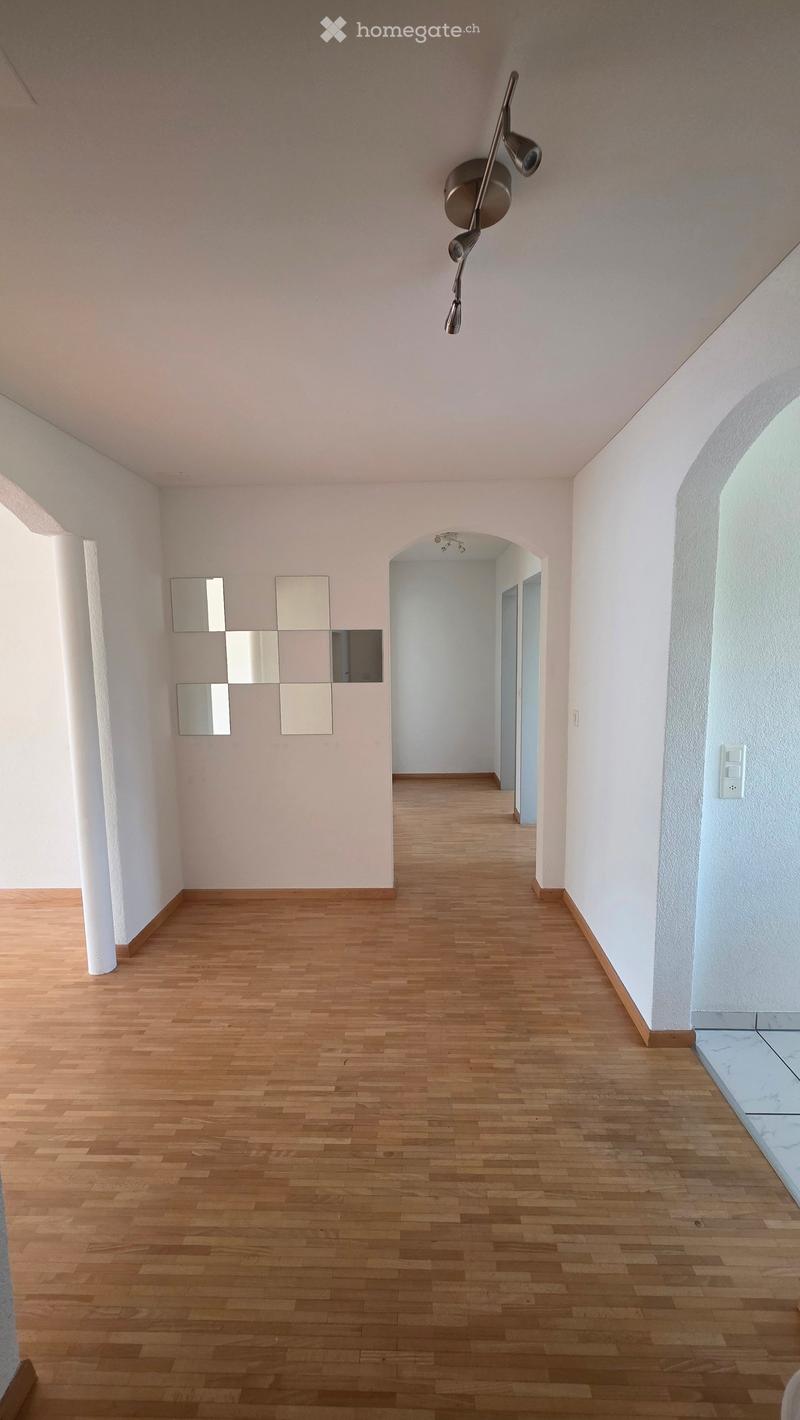 Empty hallway with light wooden flooring, white walls, and modern lighting fixtures. Features a decorative mirror panel on one wall and an arched passageway leading to another area.