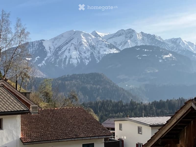 A picturesque village scene with traditional houses and a stunning backdrop of snow-capped mountains.