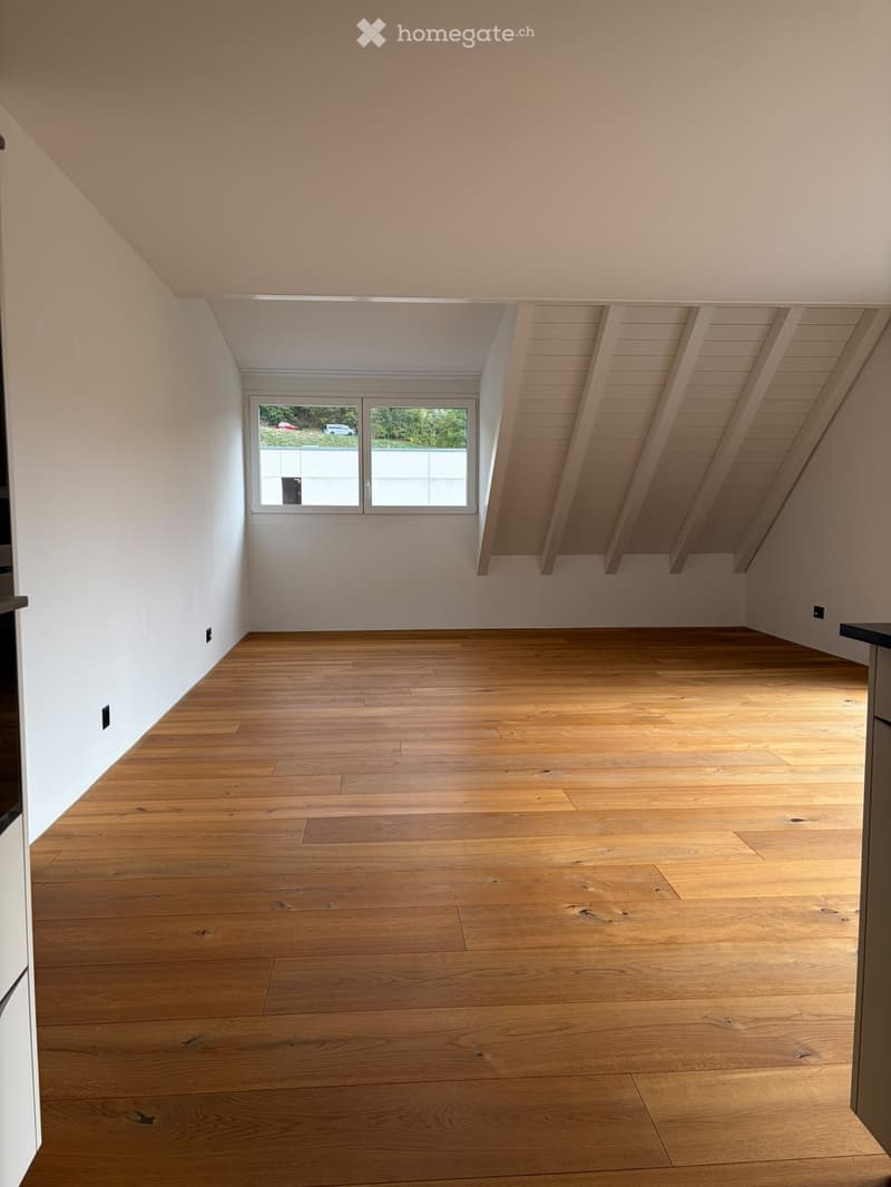 Empty room with wooden flooring, white walls, and a skylight window bringing in natural light.