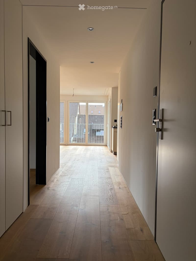 A modern hallway with light wooden flooring, white walls, and recessed ceiling lighting. The hallway leads to a room with large windows and a view of a tiled roof.
