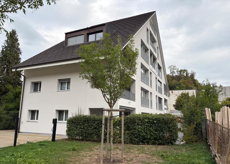 Modern two-story residential building with white exterior, multiple windows, and a sloped roof. Features a small garden area with a tree and wooden play structure in the foreground.