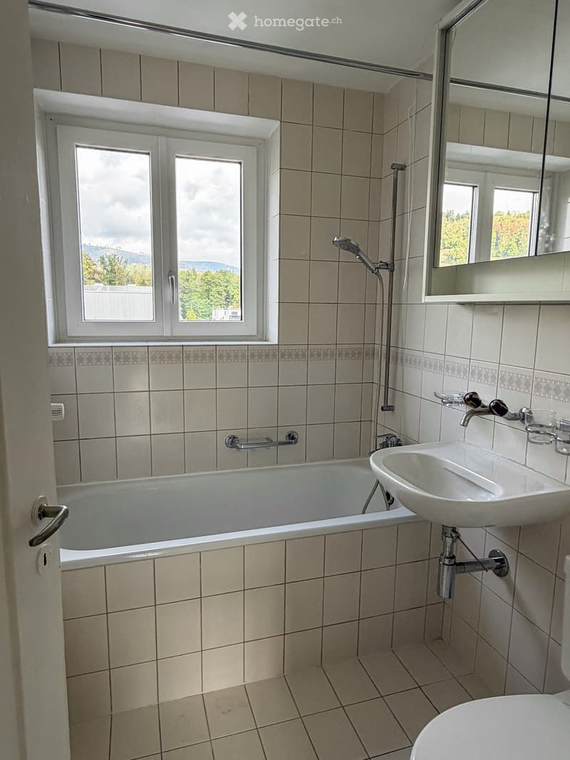 Bathroom with a bathtub, sink, mirror, and toilet. The room features tiled walls and a window with a view of greenery.