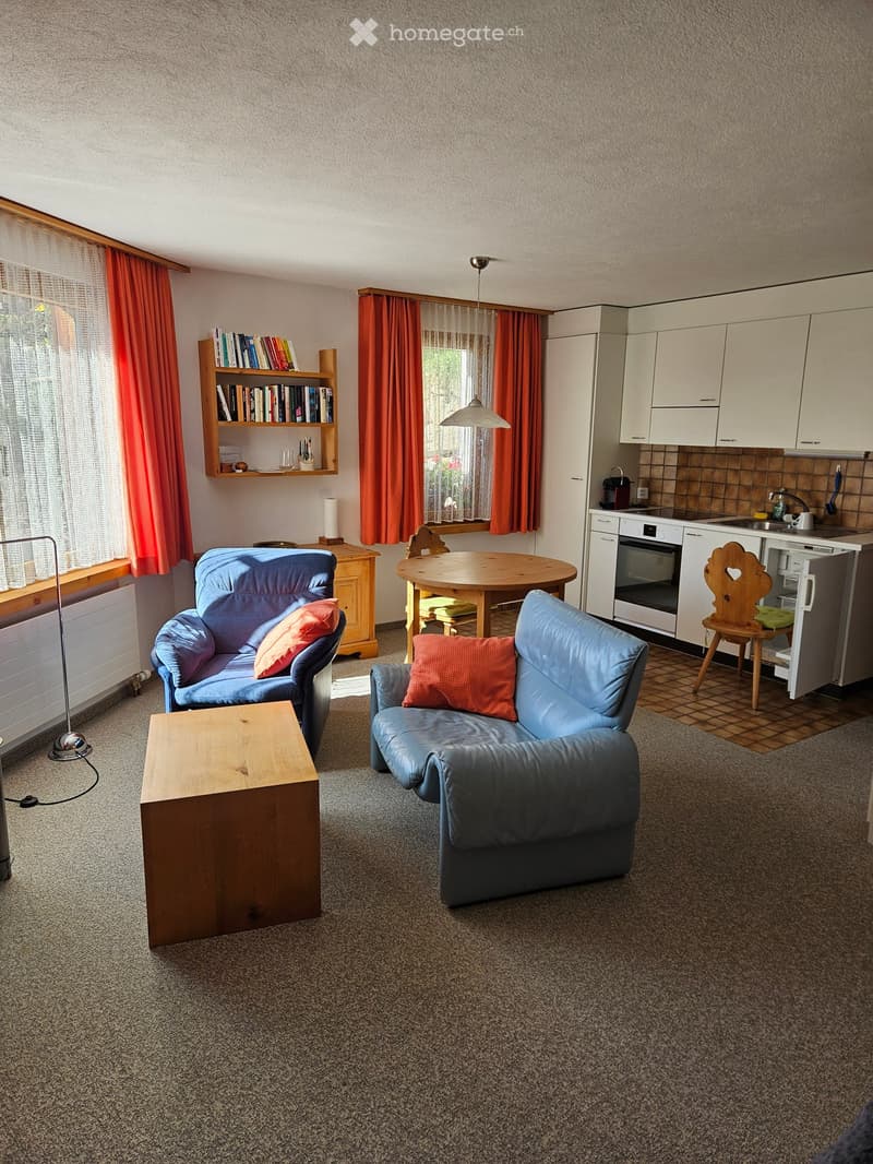 A cozy living room with a blue sofa, wooden coffee table, bookshelf, and a small kitchen area with white cabinets and appliances.