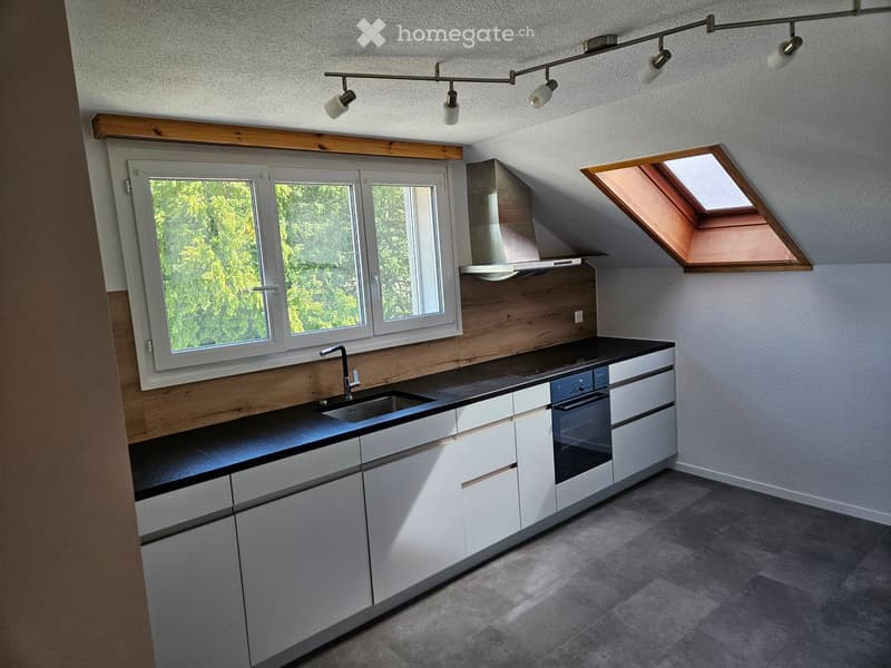 Modern kitchen with white cabinets, black countertops, stainless steel sink, and built-in oven. Features large windows and skylight.