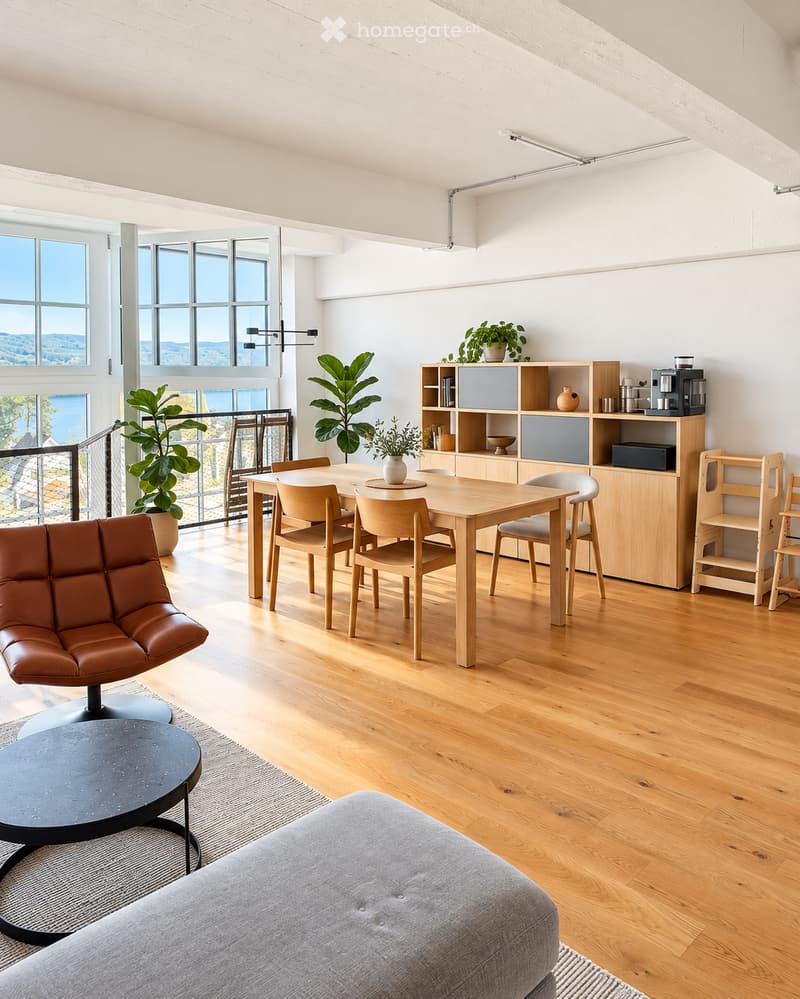 Open-concept living and dining area with wooden flooring, large windows offering a scenic view, a grey sofa, a black coffee table, a wooden dining table with chairs, shelves with decorative items, and potted plants.