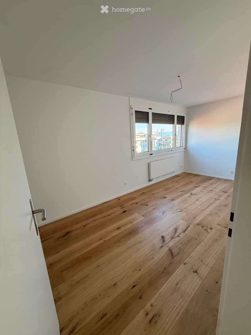 Empty room with light wooden flooring, white walls, a window with white frame, and a radiator below the window.