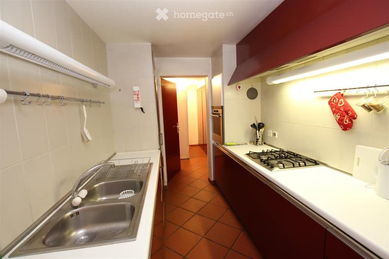 Modern kitchen with stainless steel sink, gas stove, oven, and dark wooden cabinets. Includes a dish rack, utensil holder, and oven mitt hanging on the wall.