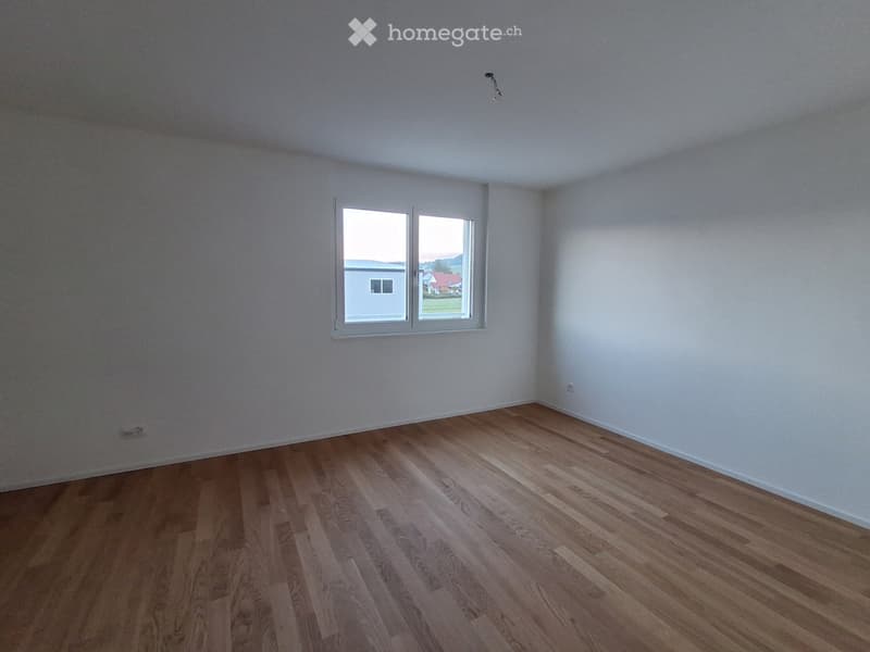 Empty room with light wooden flooring and white walls, featuring a single window with white frame and a small light fixture on the ceiling.