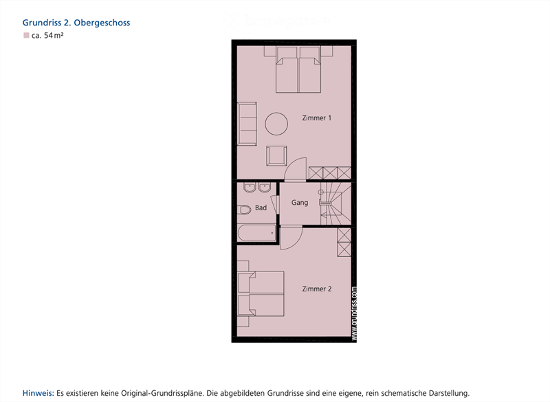 Floor plan of the second floor showing two bedrooms, a bathroom, and a hallway.