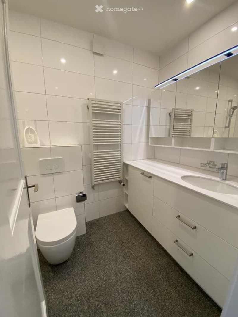 Modern bathroom with white tiles, a toilet, a sink with a mirror, a radiator, and white cabinets.