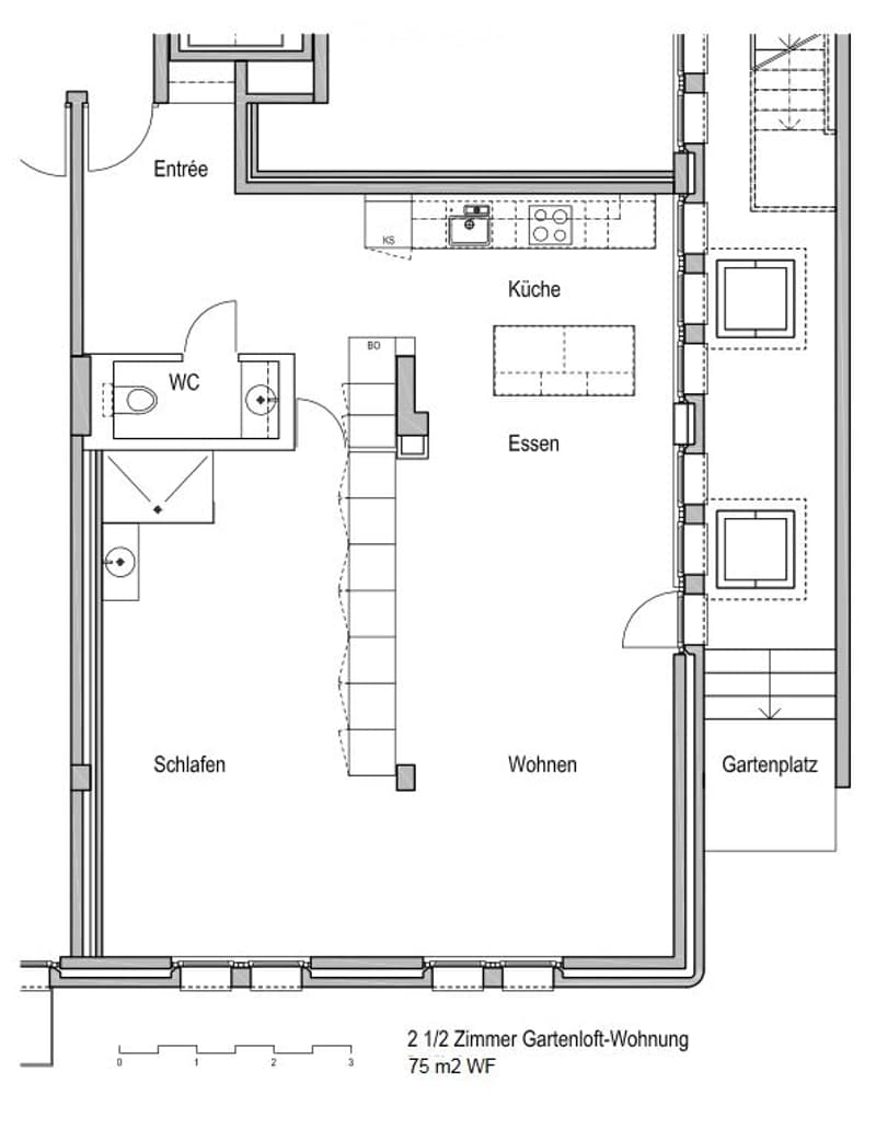 Floor plan of a 2.5-room garden apartment with 75 m² living space, including entrance, kitchen, dining area, living room, bedroom, bathroom, and garden space.