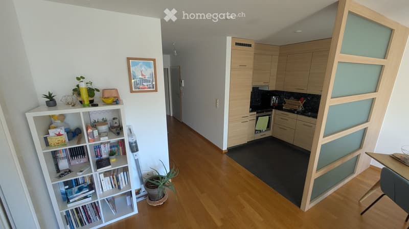 A modern, open-plan living and kitchen area with wooden flooring, a bookshelf filled with books and decorative items, a small table and chair, and a sleek kitchen with light wood cabinets and stainless steel appliances.
