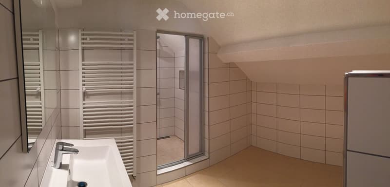 Modern bathroom with a white sink, chrome faucet, large mirror, and a glass-enclosed shower stall. The walls are tiled in light beige, and a towel rack is mounted on the wall.