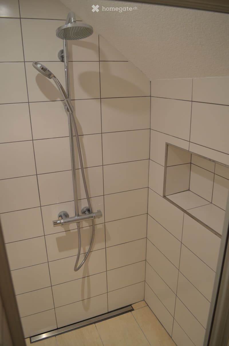 Modern shower area with beige tiled walls and floor, featuring a handheld showerhead and control handle.