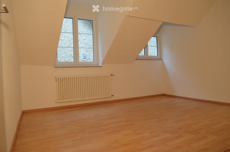 Empty attic room with wooden flooring, white walls, and two windows with frosted glass. A radiator is mounted on one wall.