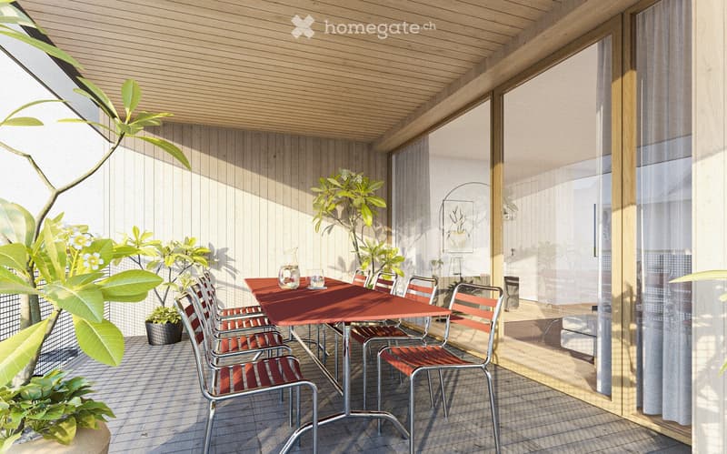 A modern balcony with a wooden ceiling, glass walls, and a red table surrounded by chairs. Potted plants and a vase with a glass of water are placed on the table.