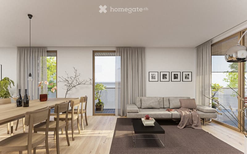 Modern living and dining area with a grey sofa, coffee table, dining table with chairs, pendant lights, and large windows with curtains.
