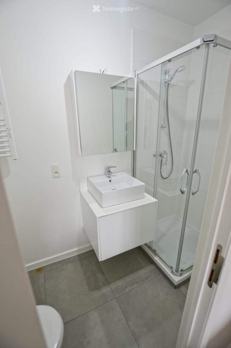 Modern bathroom with a white sink, mirror, and glass-enclosed shower. The floor is tiled, and the walls are white.