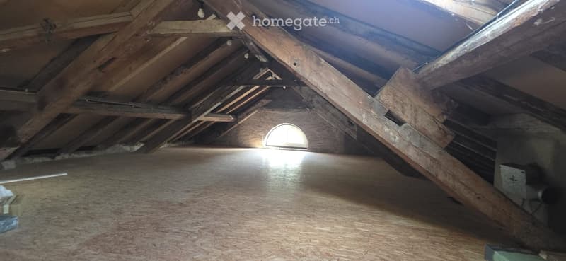 Empty attic space with wooden beams, exposed rafters, and a small skylight window allowing natural light to enter.