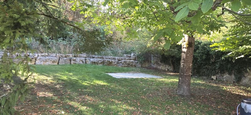 A well-maintained garden with a stone retaining wall, lush greenery, and a paved pathway.