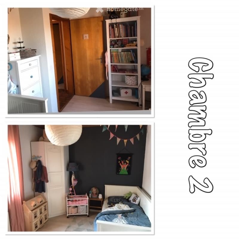 Two bedroom images: the first shows a bookshelf, dresser, and open door; the second features a bed, nightstand, wardrobe, and decorative items.
