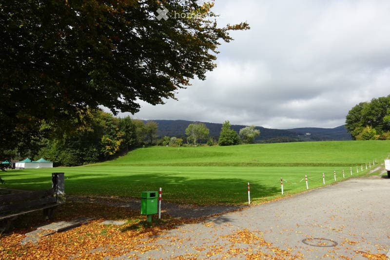 large green lawn, white and red fence posts, tree, fallen leaves, bench, pole with trash bins, cloudy sky