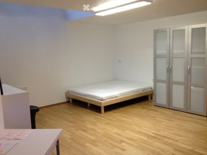 Minimalist bedroom with a single bed, a wardrobe with mirrored doors, and wooden flooring.