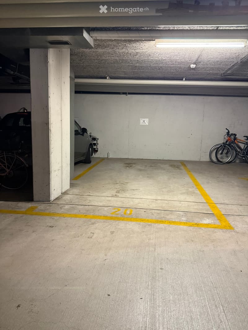 Underground parking area with marked spaces, a parked car, and bicycles. Concrete floors and walls, fluorescent lighting.