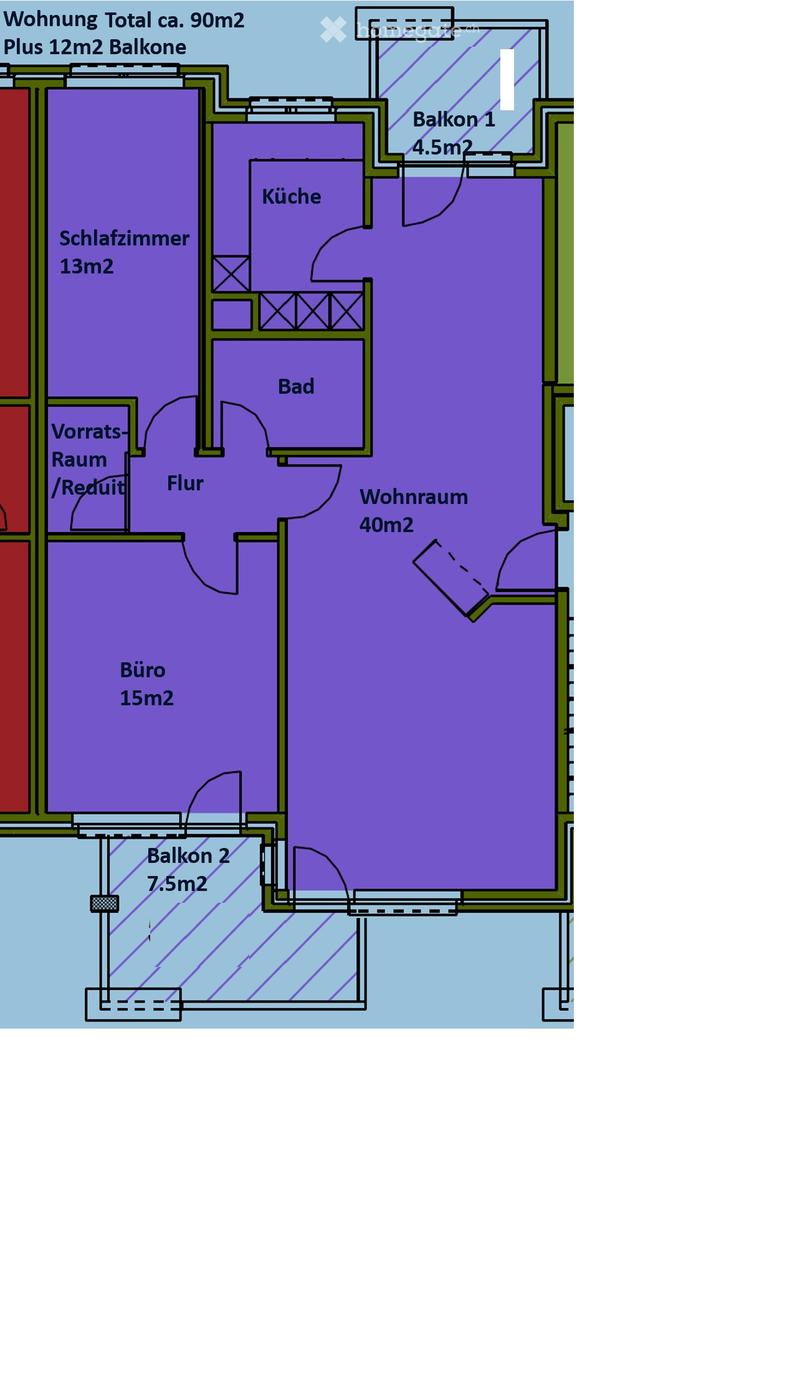 Floor plan of a 90m2 apartment with 12m2 balcony, including living room, kitchen, bedroom, bathroom, office, and storage area.