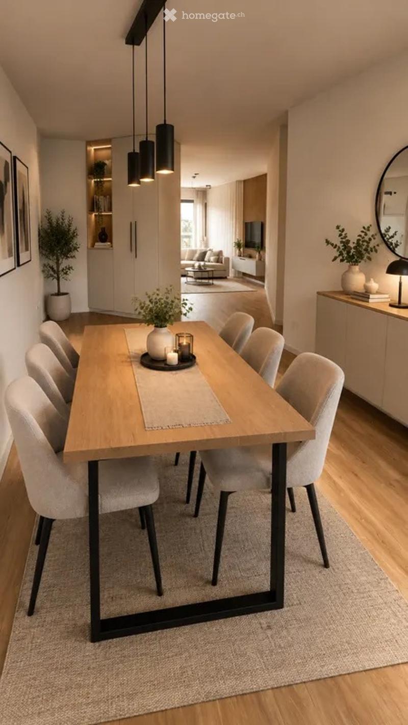 Modern dining area with a wooden dining table, six chairs, a vase with flowers, and a candle on the table. The room features a light-colored rug, a cabinet with a mirror, and a potted plant on the side.