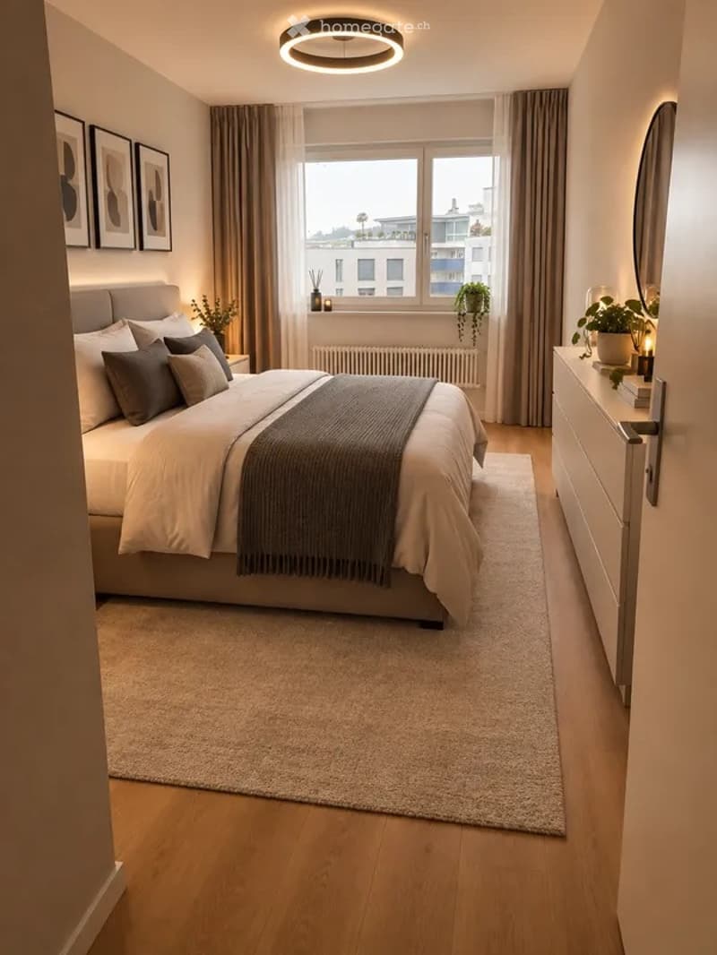 Modern bedroom with a large bed, nightstand, dresser, and potted plants. The room features large windows with curtains, a round ceiling light, and a beige carpet.