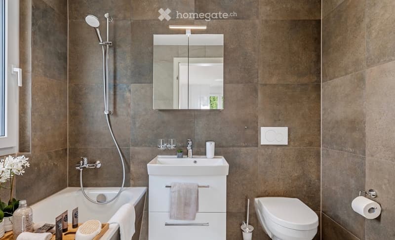 Modern bathroom with a bathtub, shower, sink, mirror, and toilet. Features include a towel rack, light fixture, and decorative plant on the windowsill.