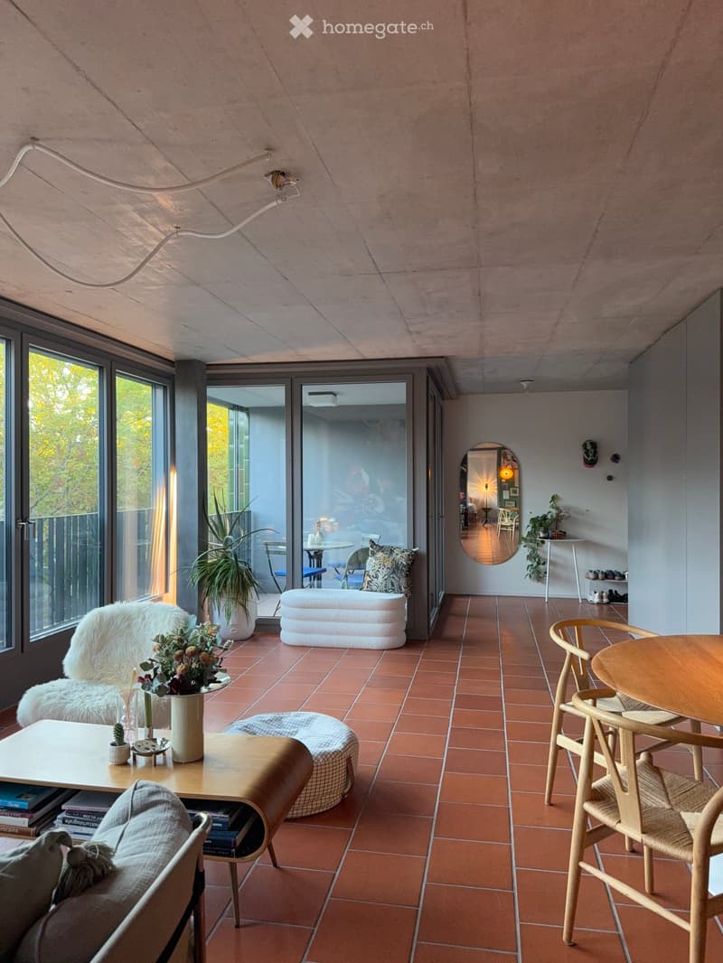 Modern, well-lit living space with terracotta tiles, large windows, and a balcony. Features a sofa, coffee table, chairs, stools, a small table, plants, and a mirror.